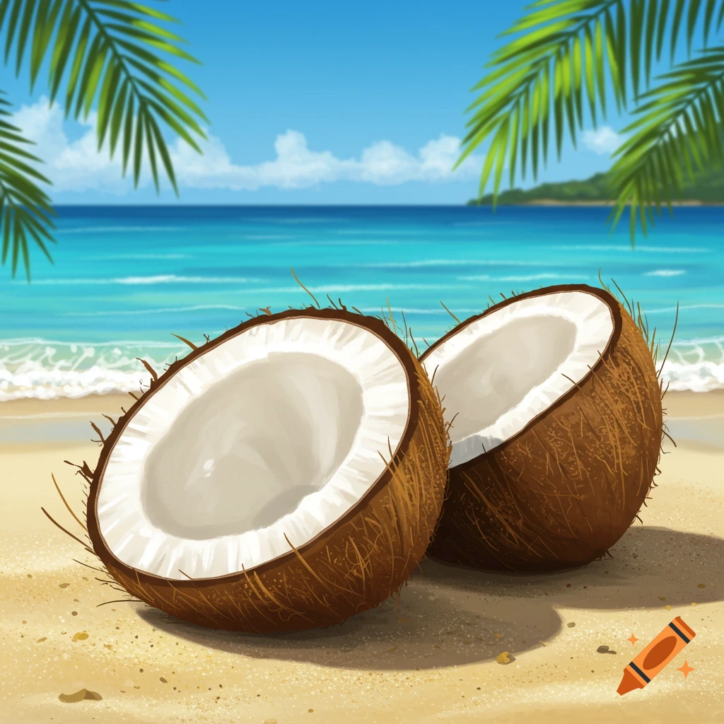 Two half-coconuts rest on a sandy beach with palm leaves, blue ocean, and a clear sky in the background, digital art.