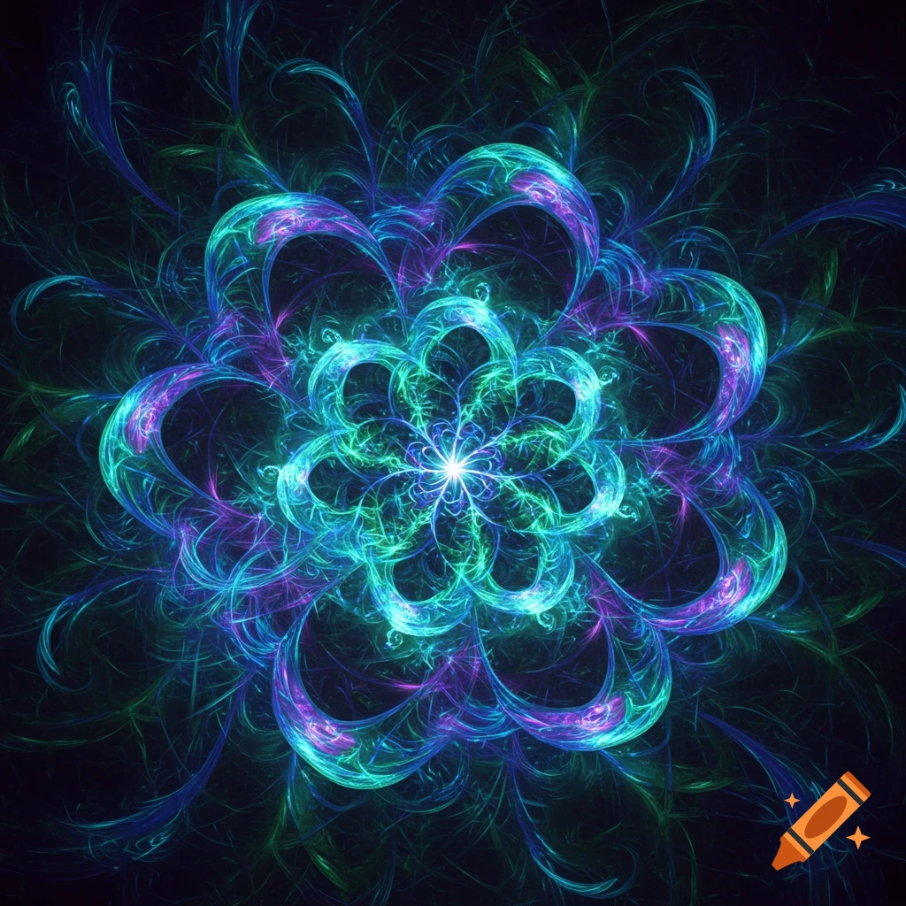 A vibrant, glowing blue, green, and purple fractal forming a flower-like pattern with swirling tendrils on a dark background.