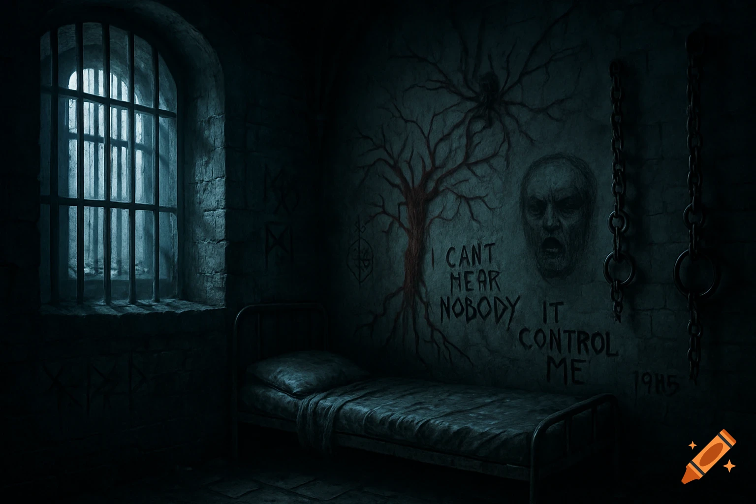 A dark, disturbing asylum cell with a barred window, a bed, chains, and ominous graffiti including a grimacing face, spider, tree, and text.