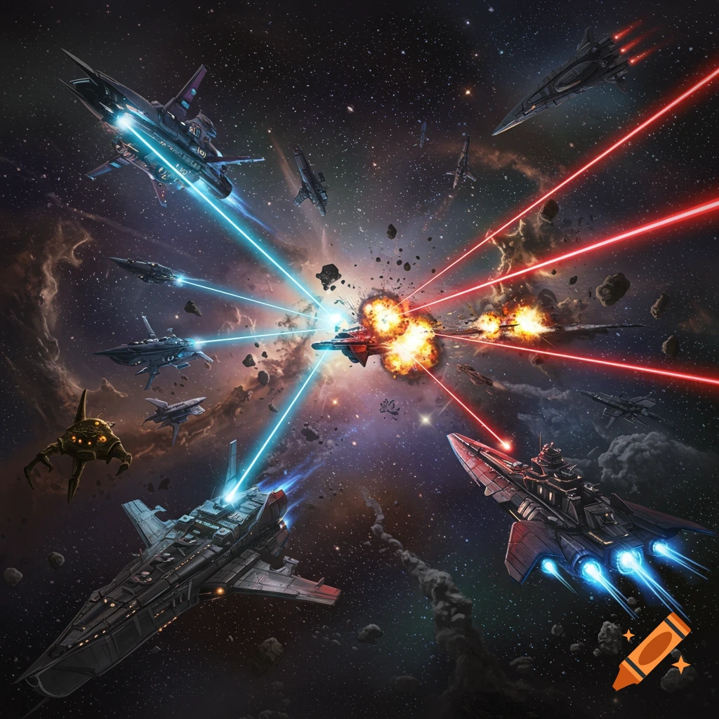A chaotic interstellar space battle with multiple spaceships firing red and blue lasers, causing explosions amid asteroids and nebulae.