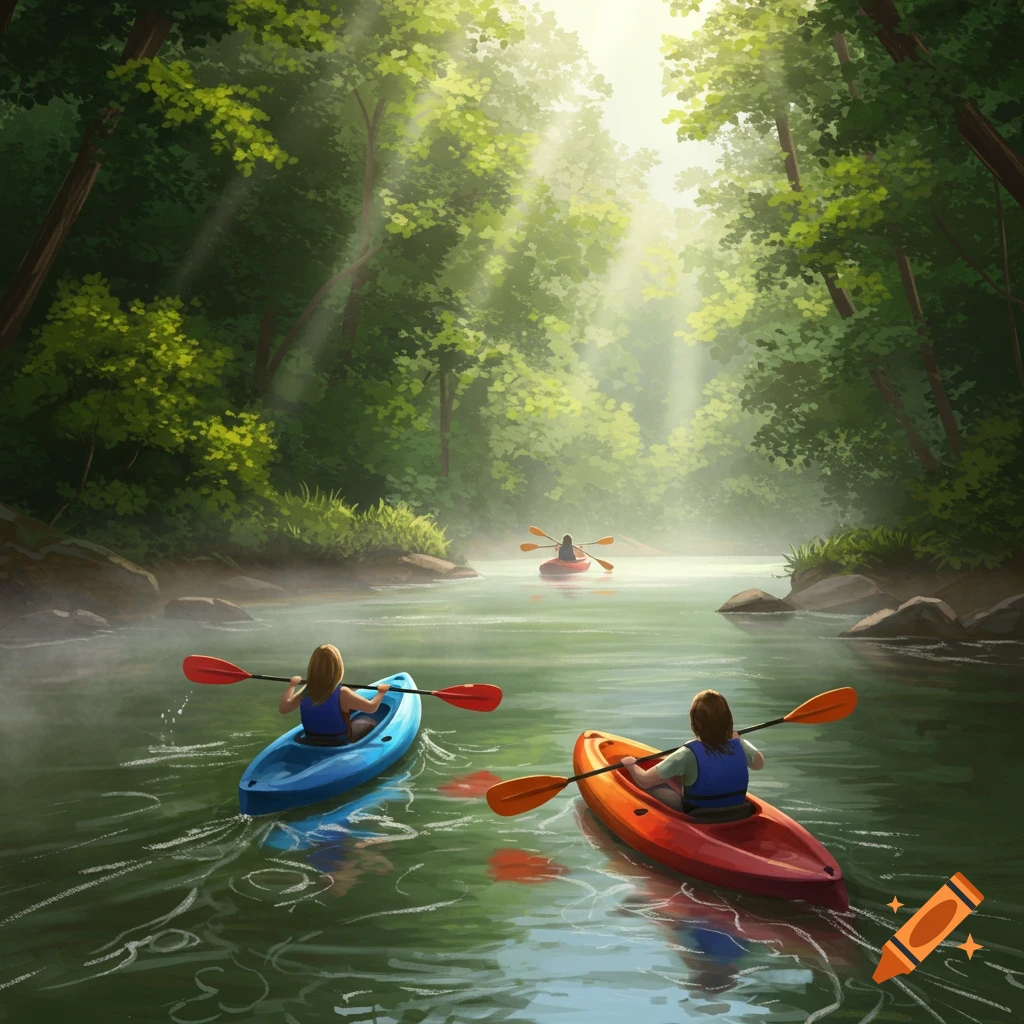 People kayak down a misty river through a sun-dappled green forest, illustrated.