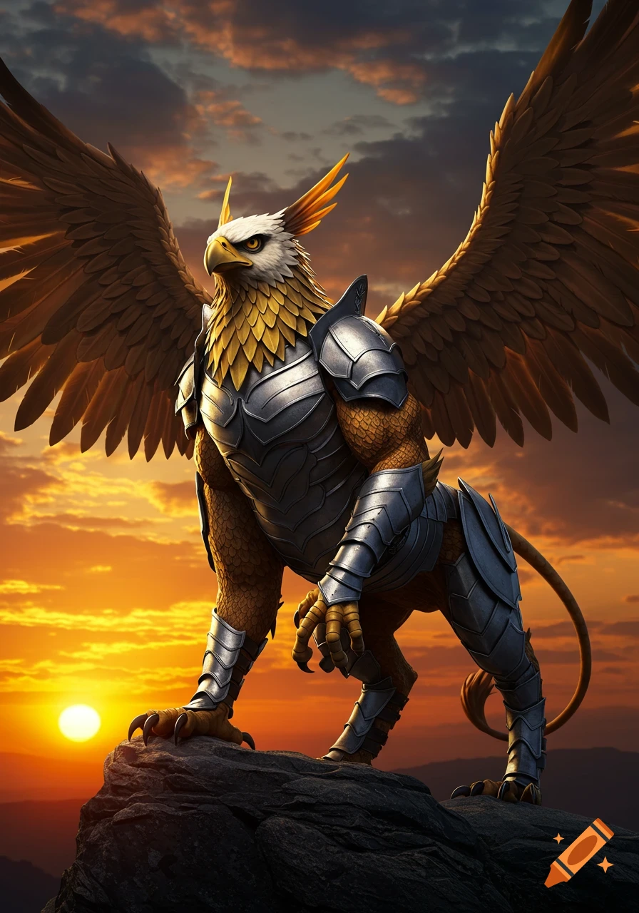 A majestic armored gryphon stands on a rocky peak, wings spread, against a vibrant sunset.