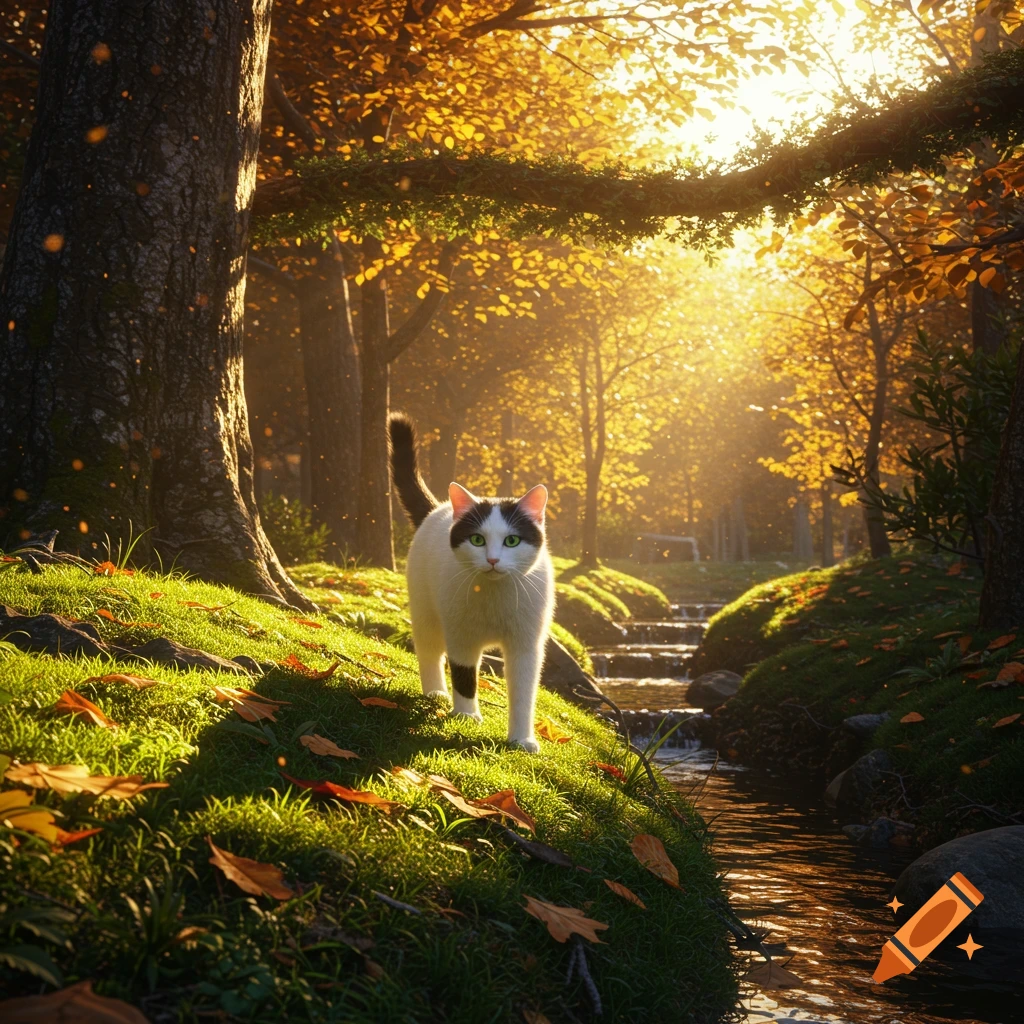 A white cat with black markings and green eyes stands on a grassy slope in an autumn forest with golden sunlight, beside a stream.