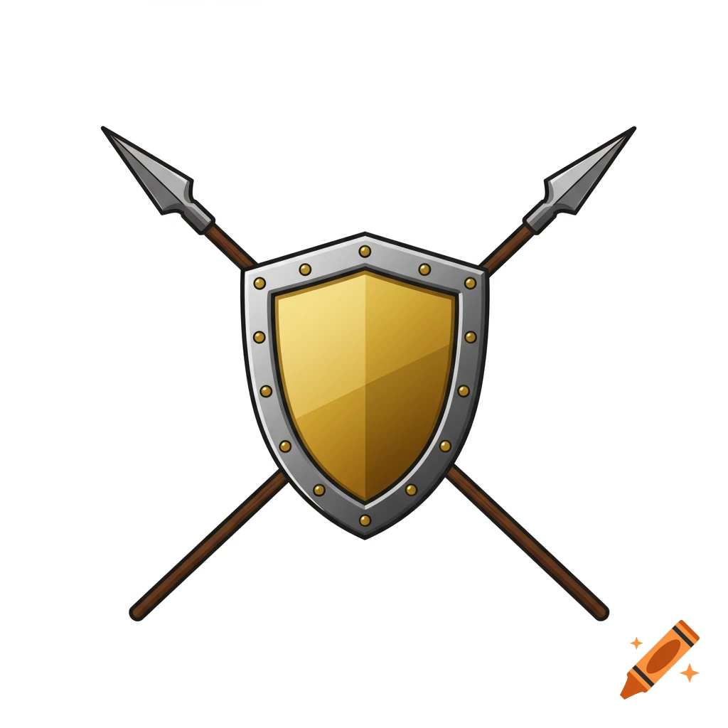 A cartoon illustration of a golden shield with a silver border, riveted, with two crossed spears behind it on a white background.