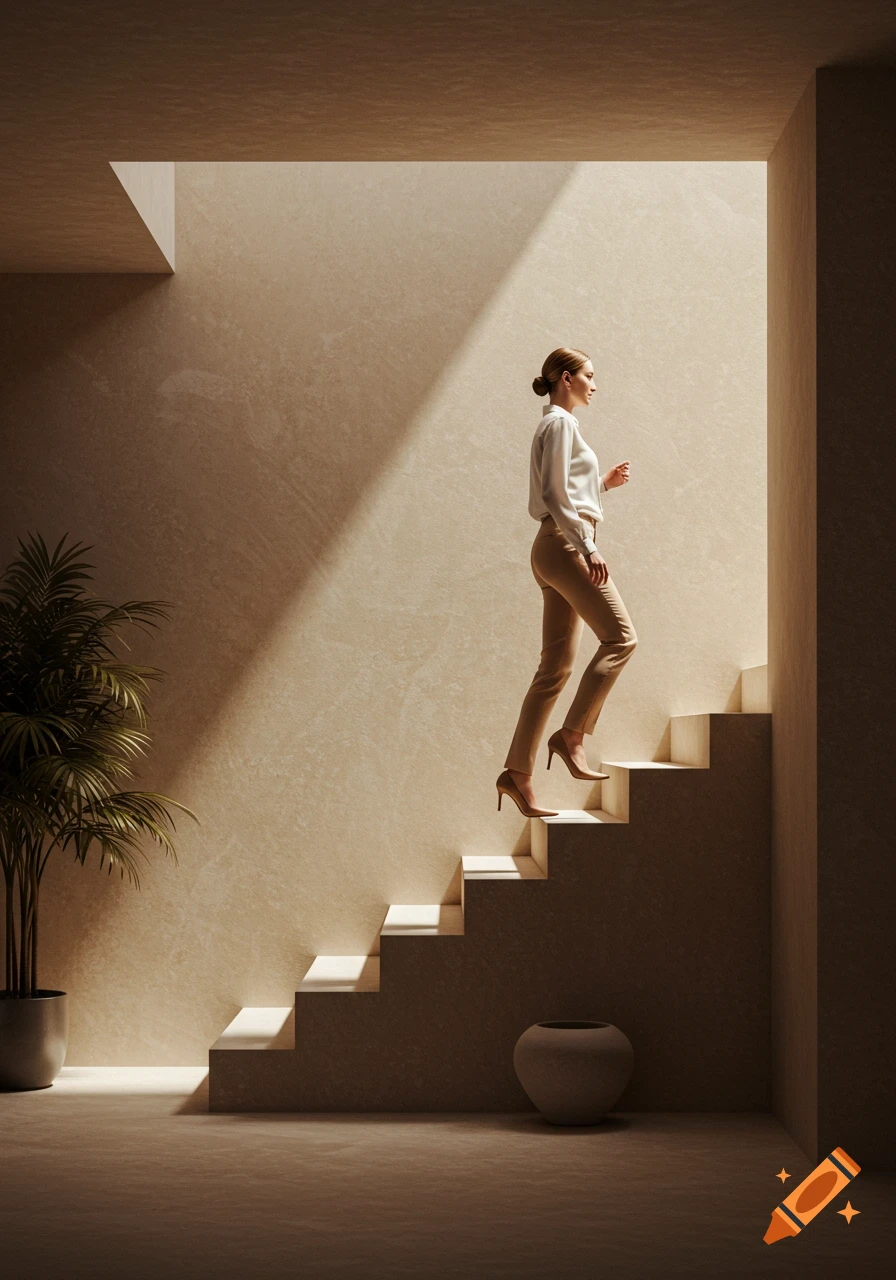 A woman in a white shirt and tan pants walks up modern, minimalist stairs bathed in warm natural light.