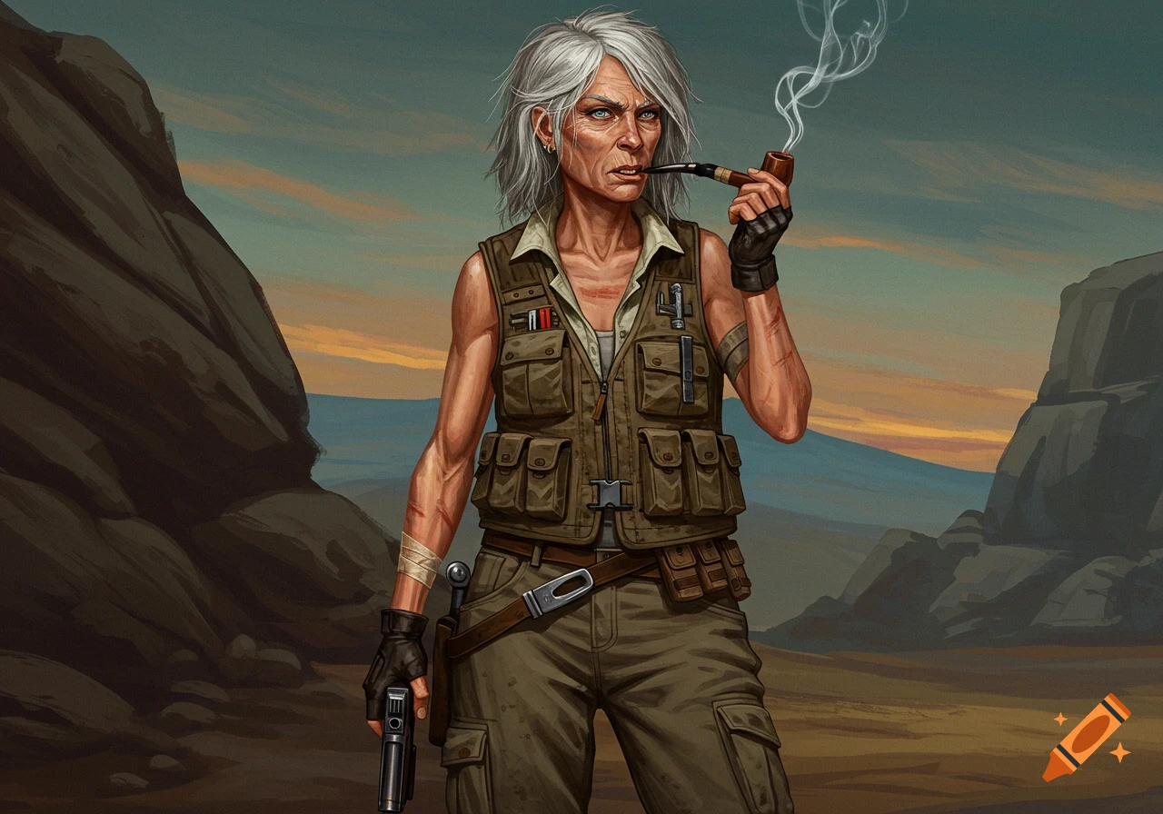 A lean, muscular, gray-haired woman with a pipe and gun, wearing a tactical vest and cargo pants, stands in a desert landscape.