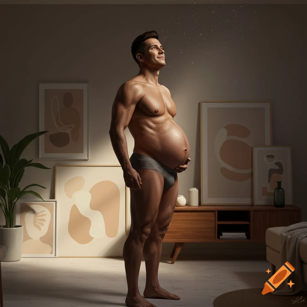 A photorealistic image of a muscular man with a large pregnant belly, wearing gray underwear, standing in a softly lit room.