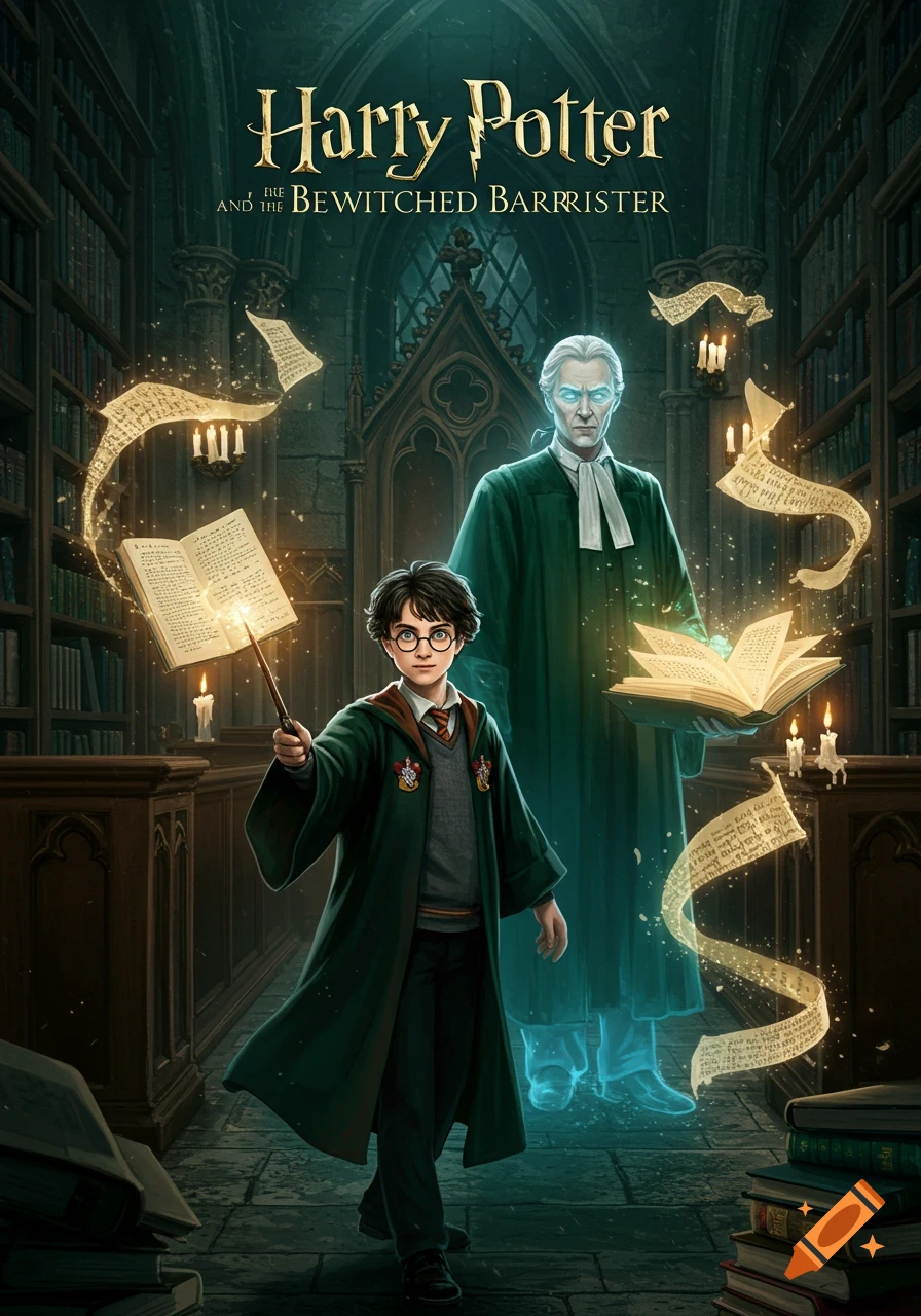 Illustrated book cover of Harry Potter casting a spell in a library with a ghostly figure and floating magical scrolls.