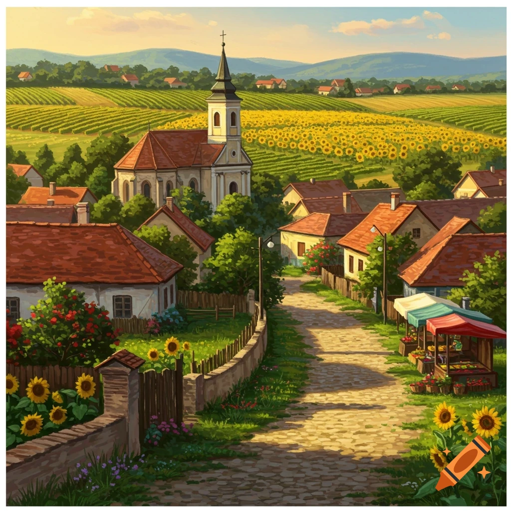 A vibrant illustration of a Hungarian village with a church, cobblestone path, and sunflower fields under a sunny sky.