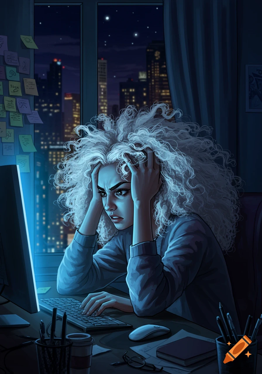 An illustration of a stressed woman with curly white hair, head in hands, looking at a computer screen at night.