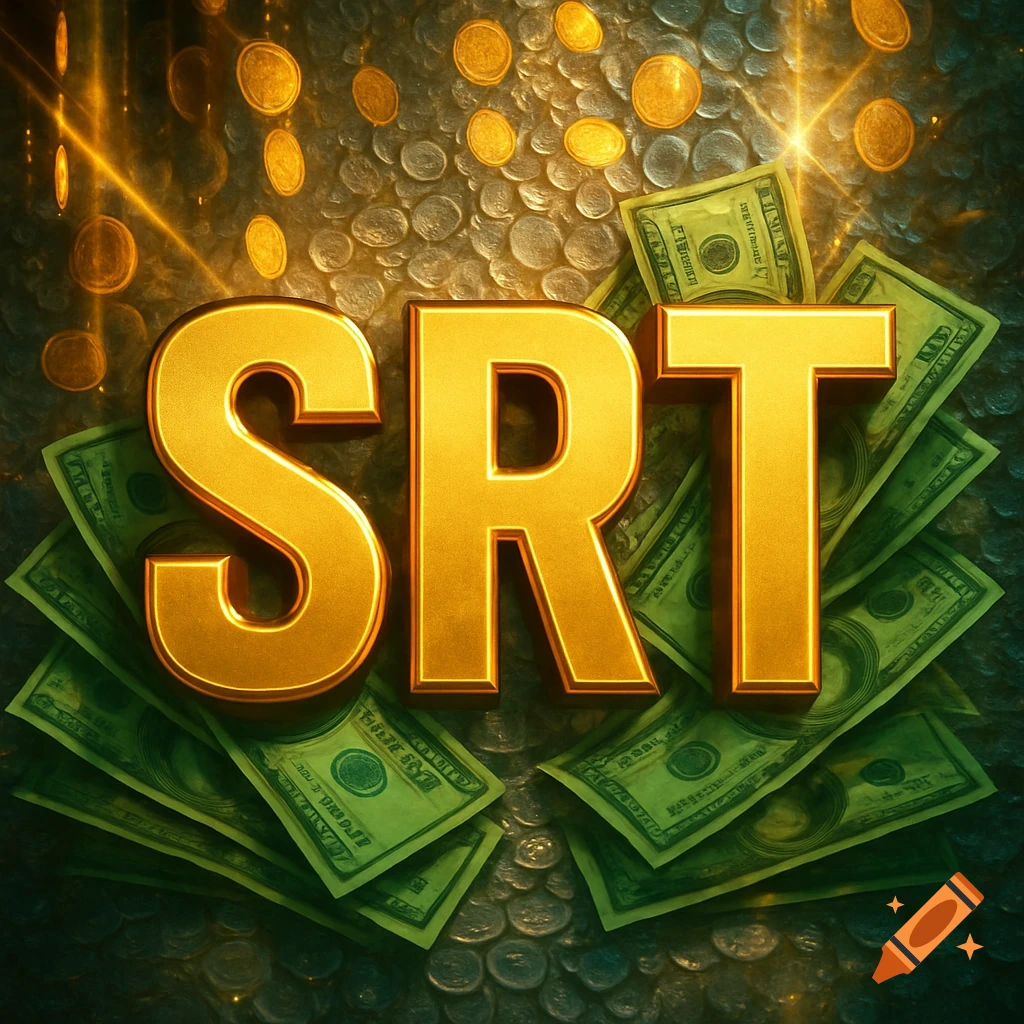Golden 3D letters 'SRT' surrounded by green dollar bills and gold coins with golden light rays.
