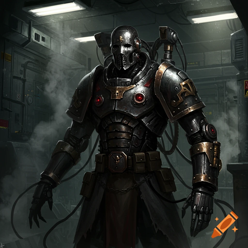 A dark, heavily armored Warhammer 40k servitor assassin with a metal plate mask stands in a smoky sci-fi facility.