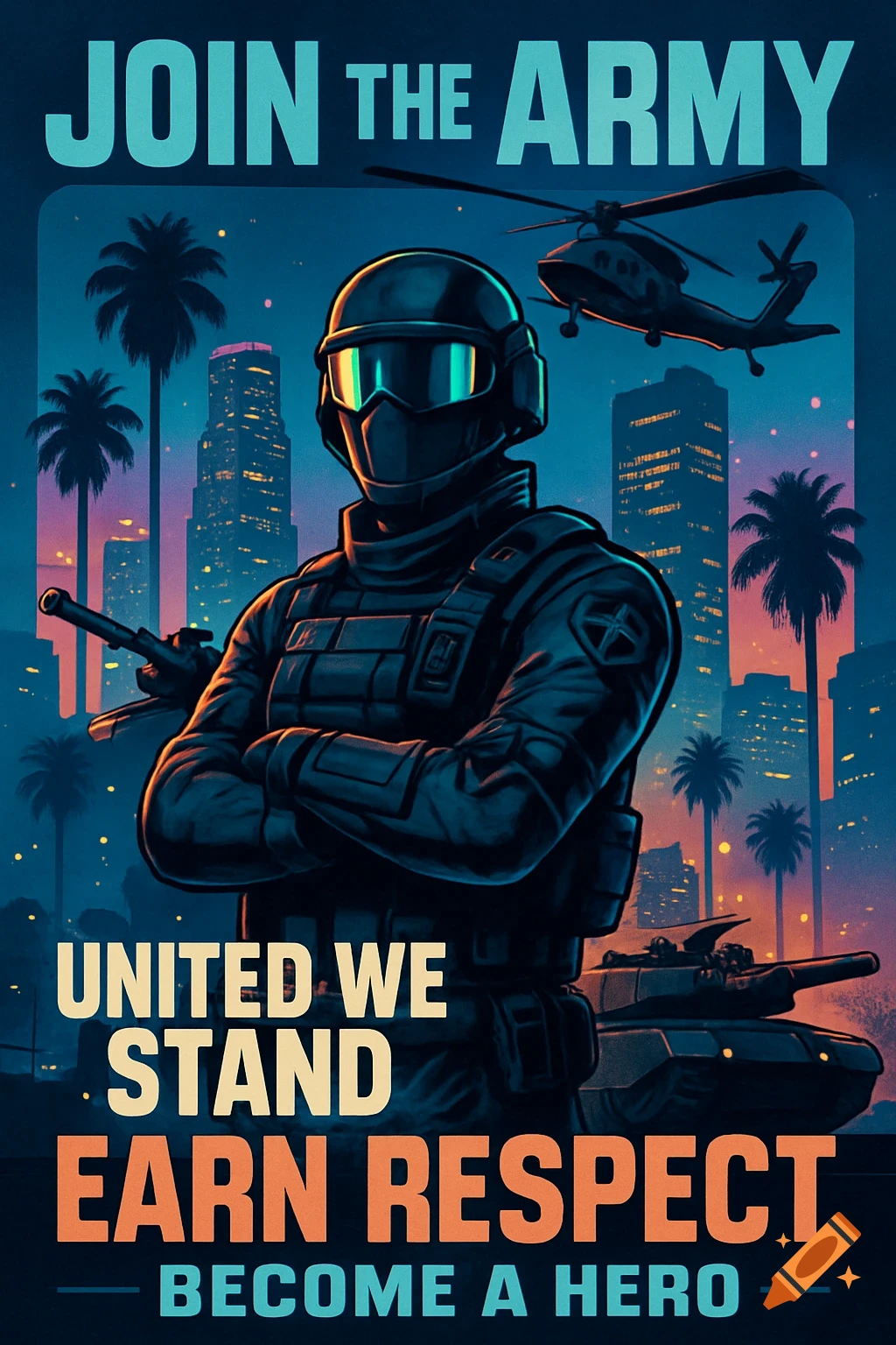 A stylized army recruitment poster depicts a soldier with glowing goggles, helicopter, and tank in a city at night, with text 'JOIN THE ARMY'.