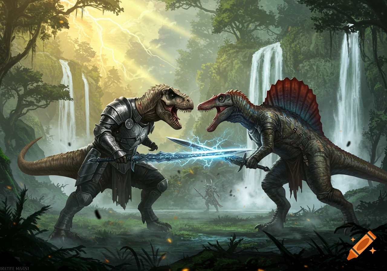Armored T-Rex and Spinosaurus battle with glowing swords in a lush jungle with waterfalls and lightning.