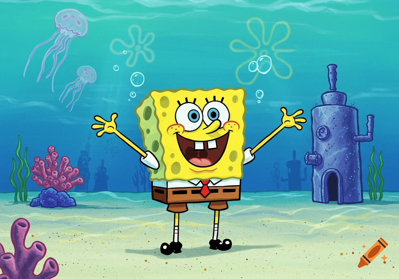 Happy Spongebob Squarepants underwater with arms raised, surrounded by jellyfish and coral, cartoon style.