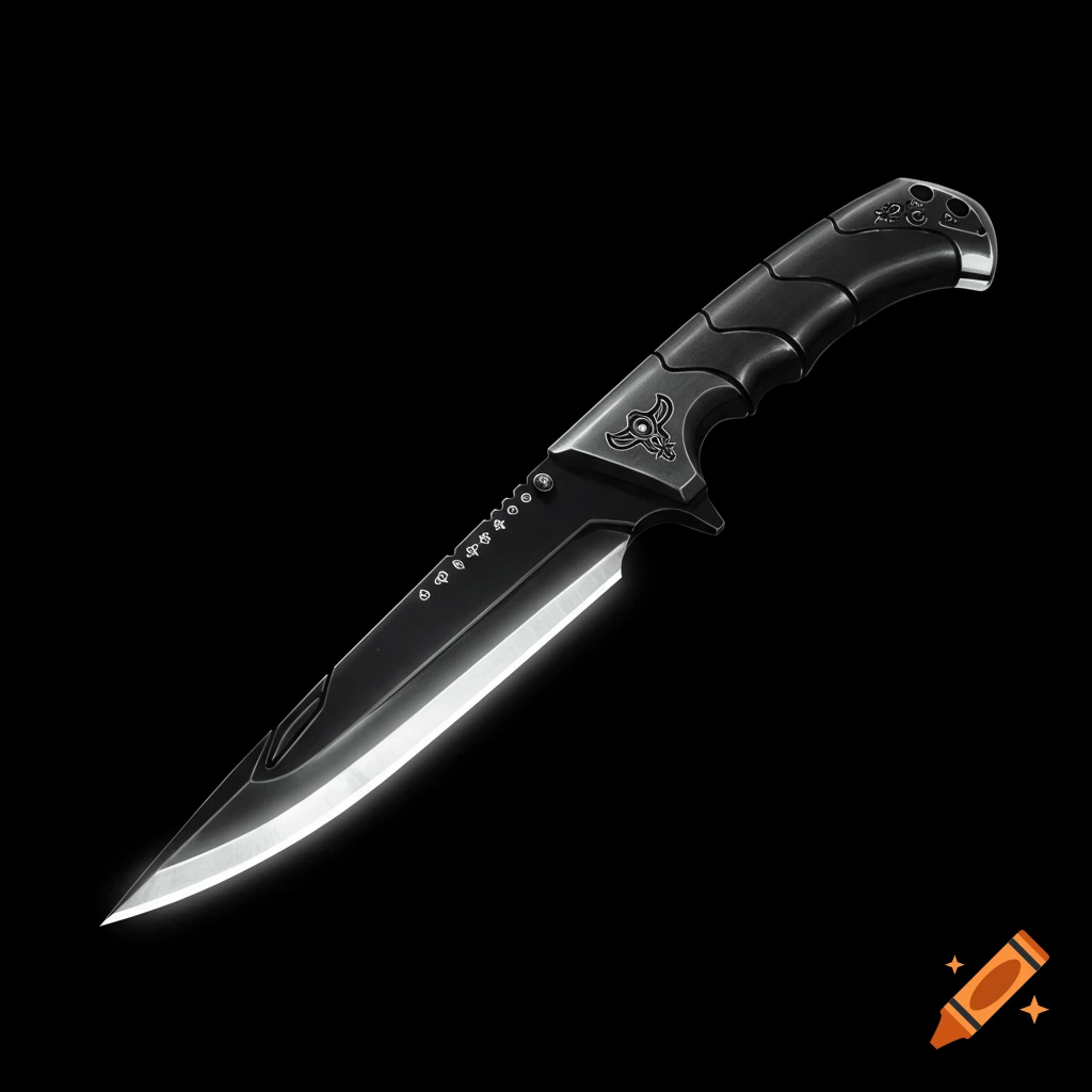 A sleek, jet black plasma combat knife with a shining blade against a dark background.
