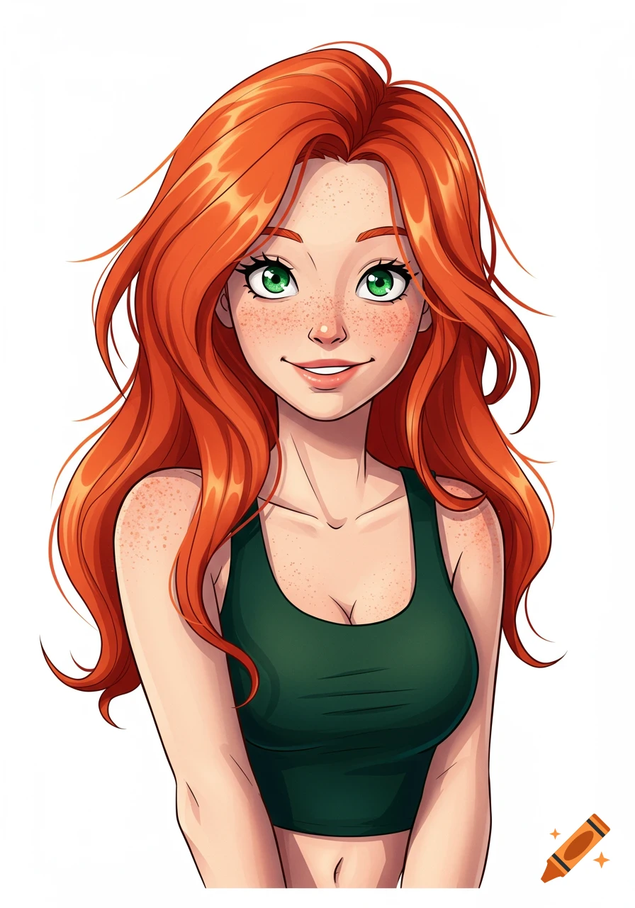 Comic book style portrait of a smiling young woman with long red hair, green eyes, and freckles, wearing a dark green top.