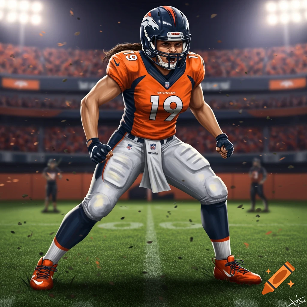 A muscular female NFL player in a Denver Broncos uniform, number 19, in an aggressive stance on a football field during a game.