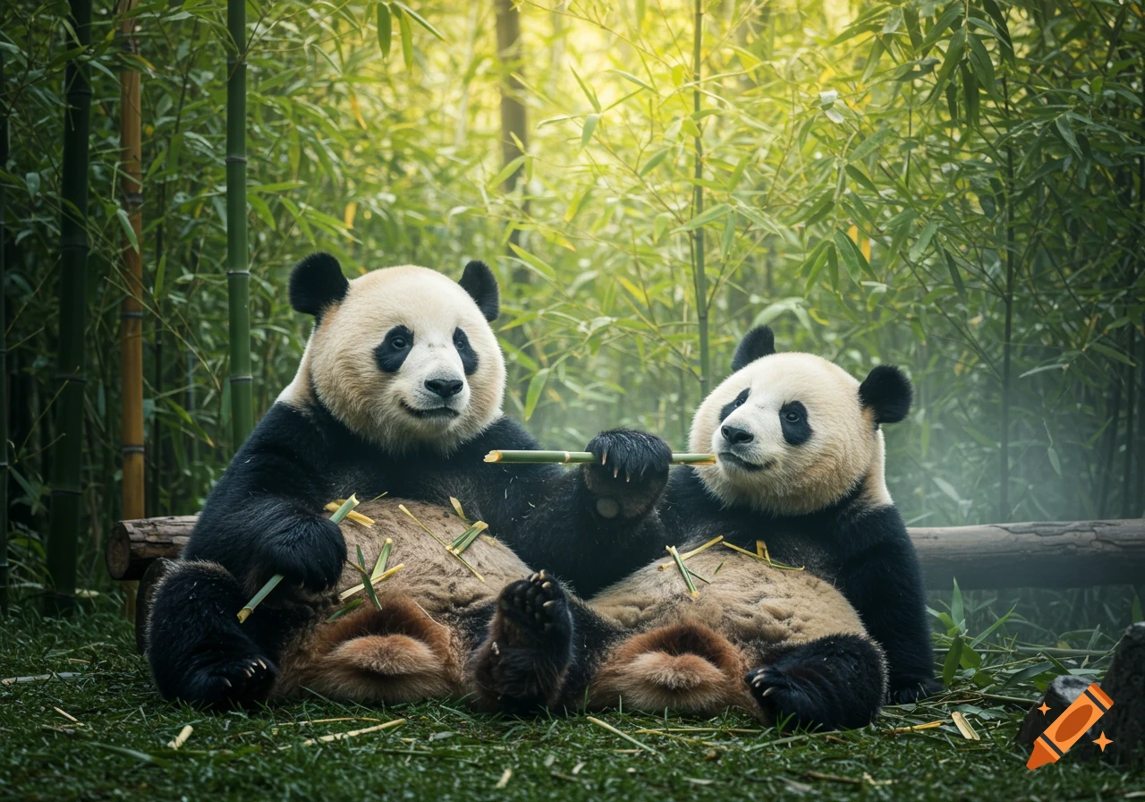 Two photorealistic pandas sit on grass, eating bamboo in a sun-drenched bamboo forest.