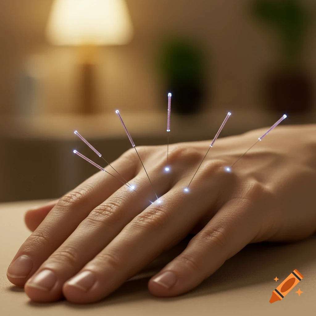 A close-up, photorealistic image of a hand with several glowing acupuncture needles inserted, with a blurred warm background.