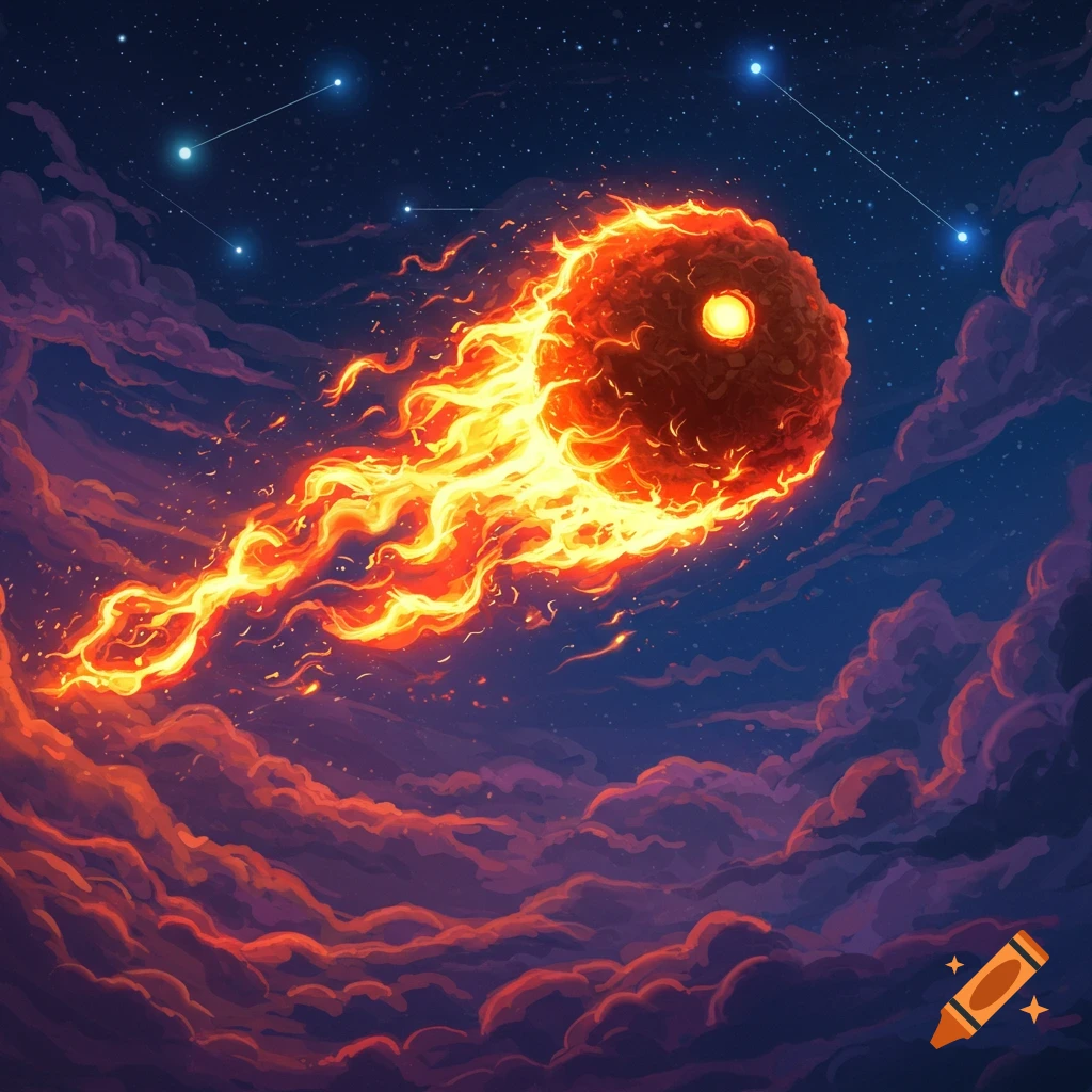 A stylized flaming orb with a fiery trail flies through a dark blue night sky with glowing red clouds and constellations.