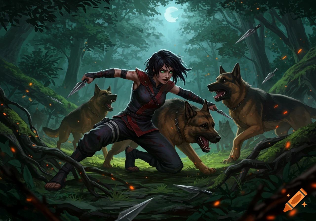 A heroic shinobi with knives fights aggressive German shepherds in a dark, moonlit forest, rendered in a dynamic fantasy art style.