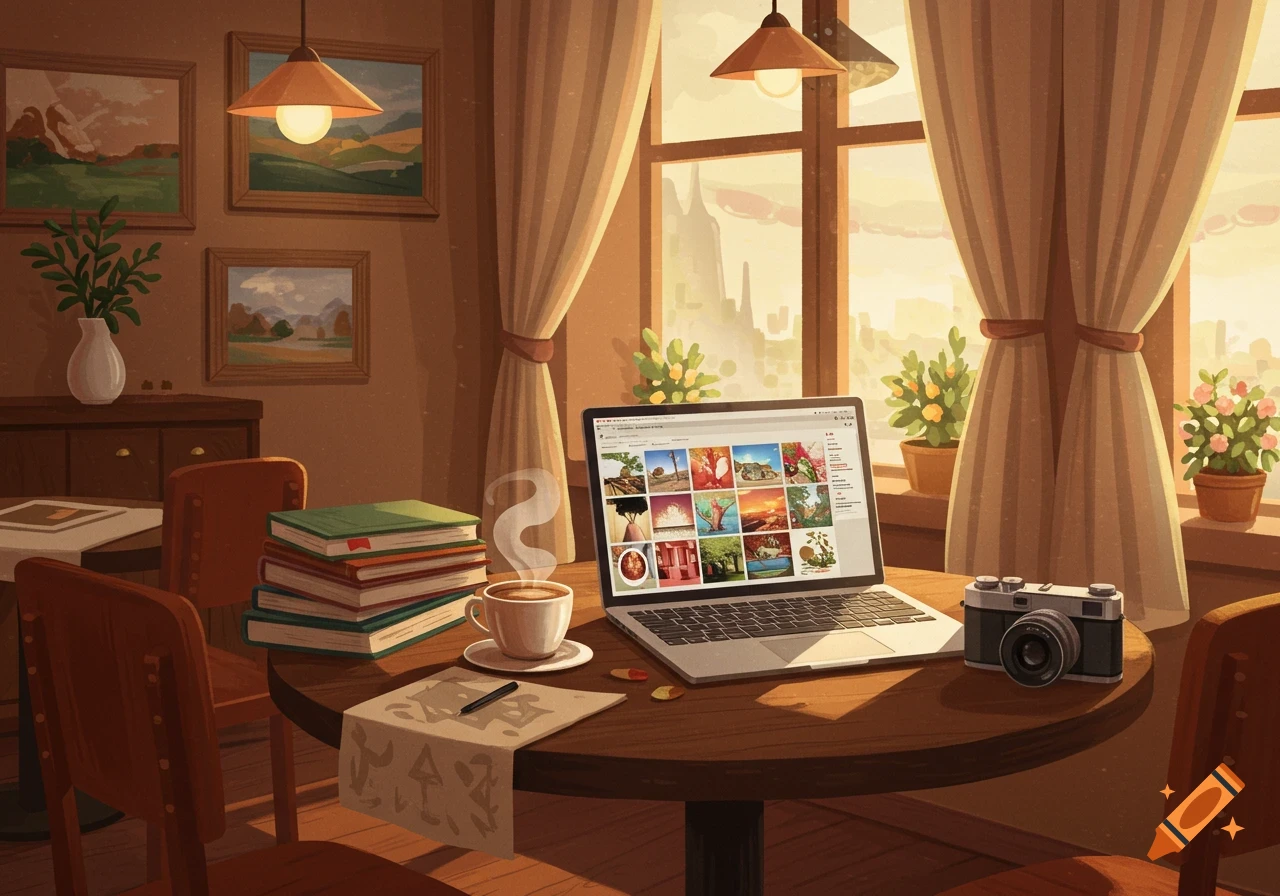 An illustration of a cozy workspace with a laptop, coffee, books, and a camera on a wooden table by a window.