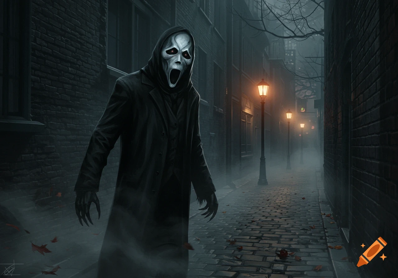 A ghost-faced figure in a black robe with clawed hands stands in a dark, misty cobblestone alley at night, illuminated by streetlights. Digital art.