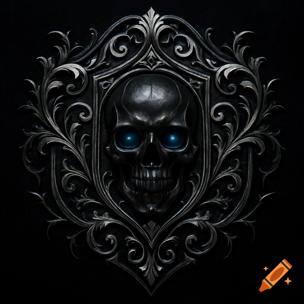 A dark metallic skull with glowing blue eyes centered in an ornate silver gothic emblem on a black background.
