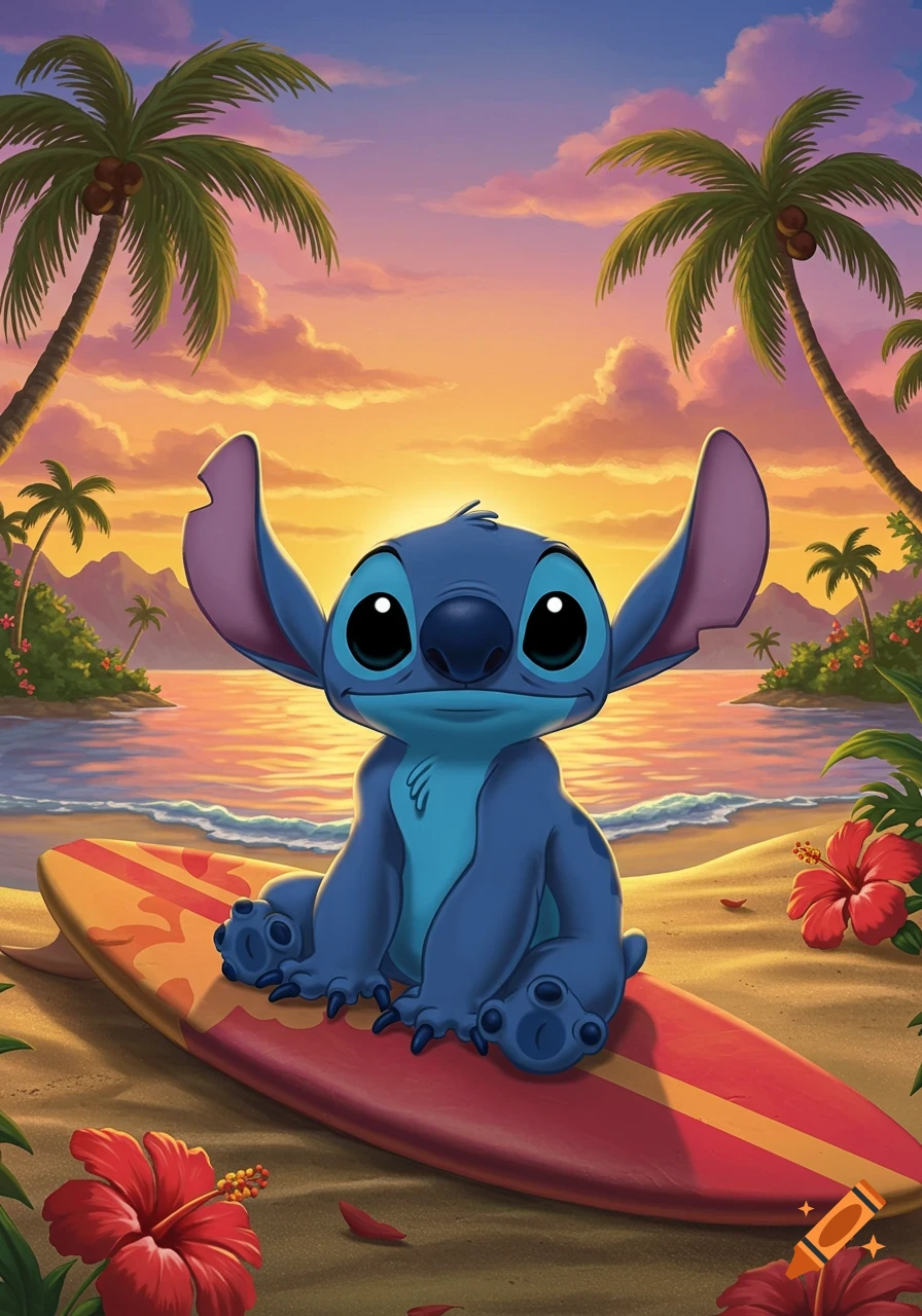 Stitch, the blue alien, sits on a red surfboard on a sandy beach with palm trees and red hibiscus flowers at sunset. Cartoon style.