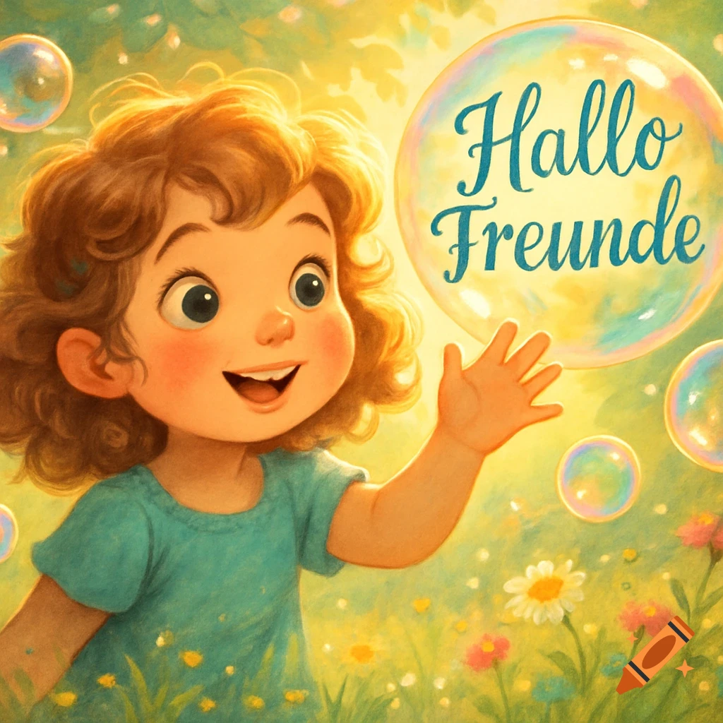 Happy cartoon girl with curly hair reaching for a large bubble with 'Hallo Freunde' text in a sunny flower field.
