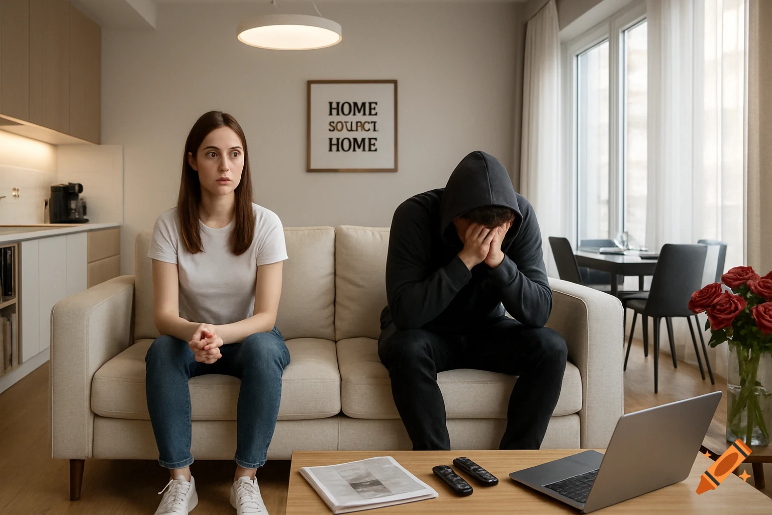 A woman with a blank stare sits on a sofa next to a hooded man covering his face in a modern living room, depicting distress.