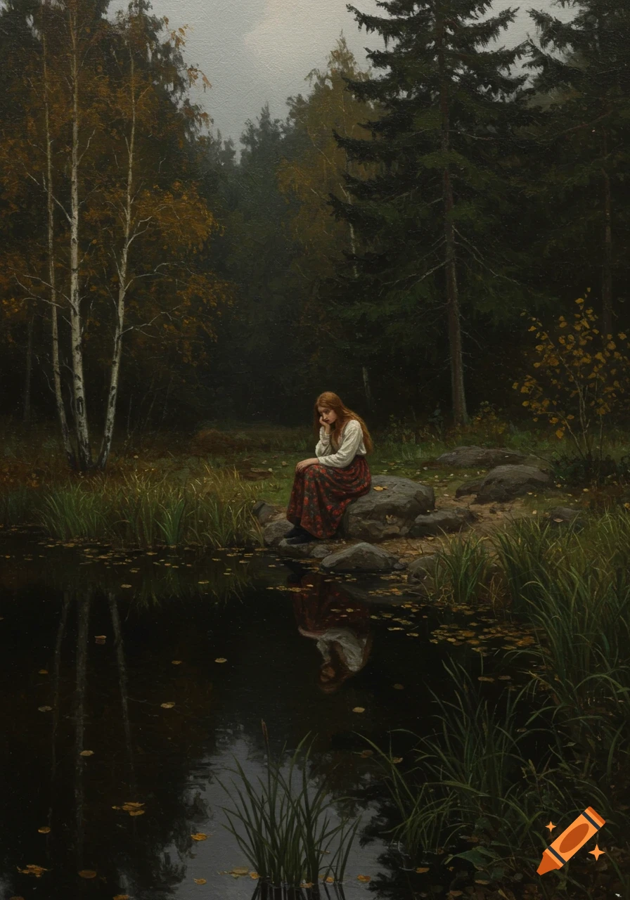 An oil painting of a red-haired woman sitting thoughtfully by a dark pond in a misty autumn forest, with her reflection in the water.