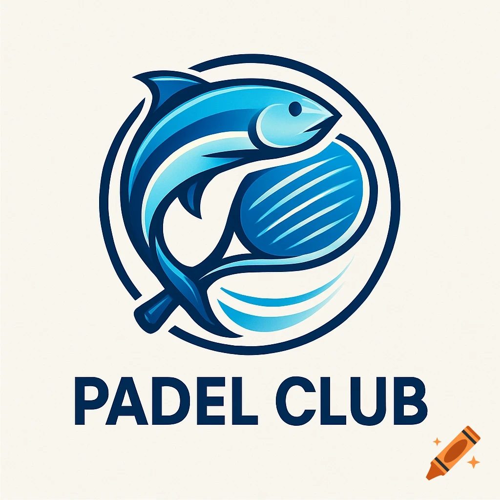 Blue logo with a stylized fish curving around a padel racket inside a circle, with text PADEL CLUB below.