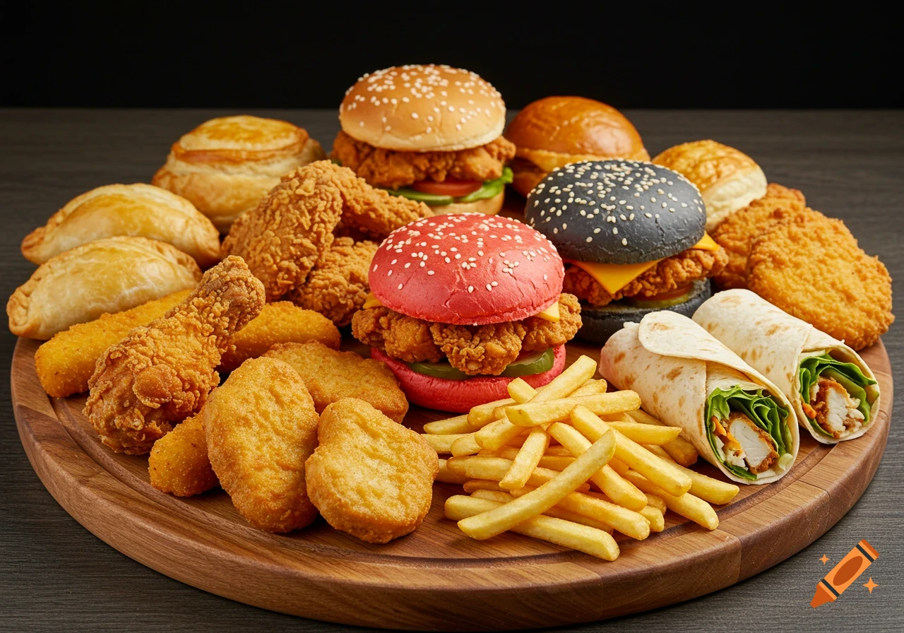 A wooden board laden with various fast food items including fried chicken, burgers, nuggets, fries, empanadas, and wraps.