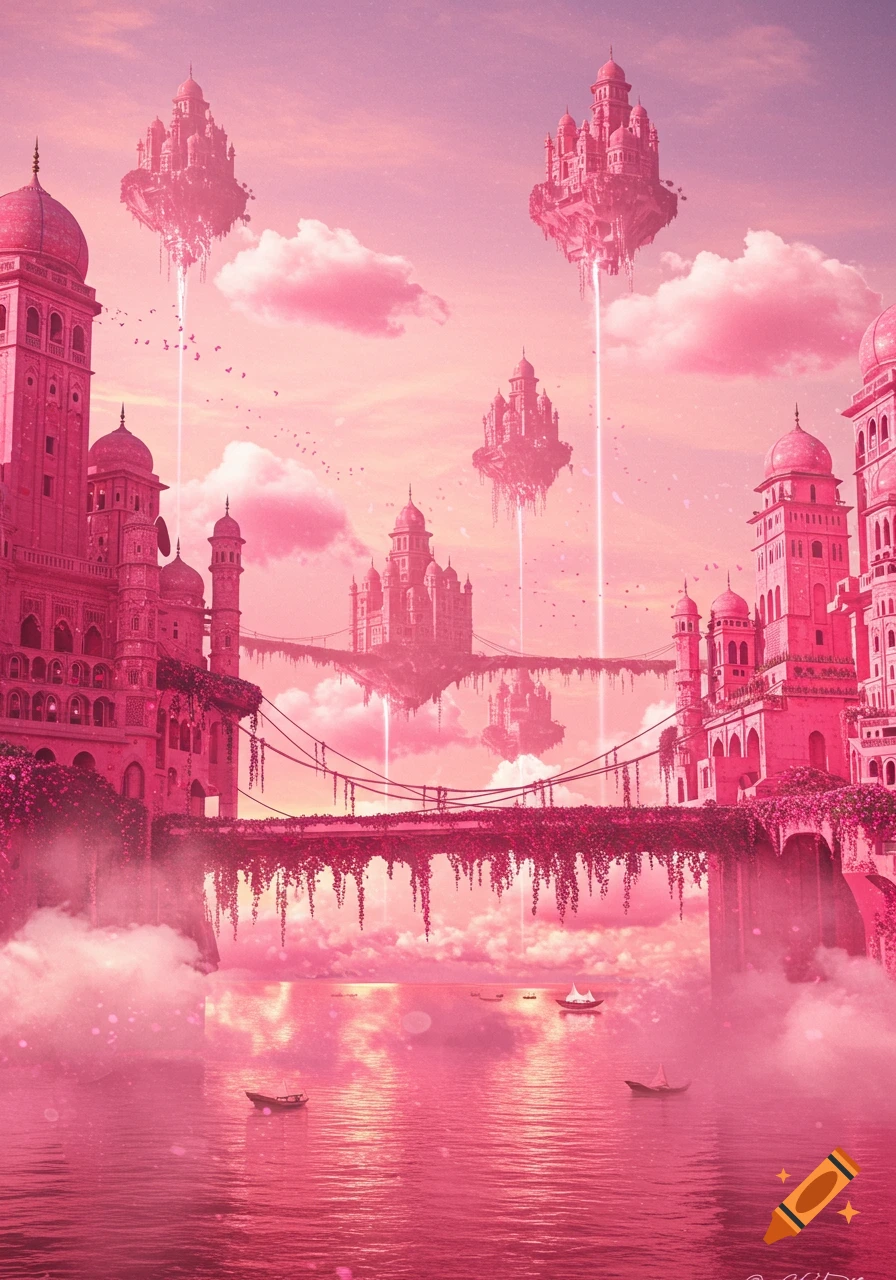 A vibrant pink fantasy city with ornate, Indian-inspired buildings, floating castles in the sky, a bridge, and boats on a pink river under a cloudy pink sky.