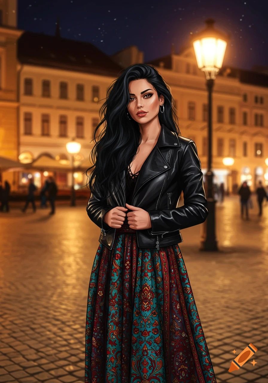Stylized illustration of a woman in a black leather jacket and colorful skirt on a cobblestone street at night.