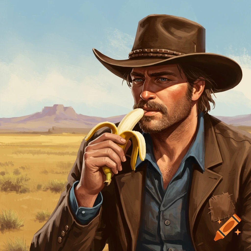 A man in a brown cowboy hat and jacket eats a peeled banana in a desert landscape.