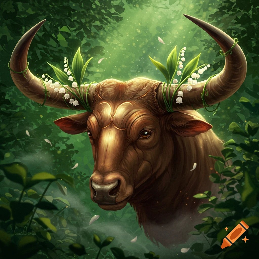 Digital painting of a bull's head with lily-of-the-valley flowers on its horns in a lush green forest.