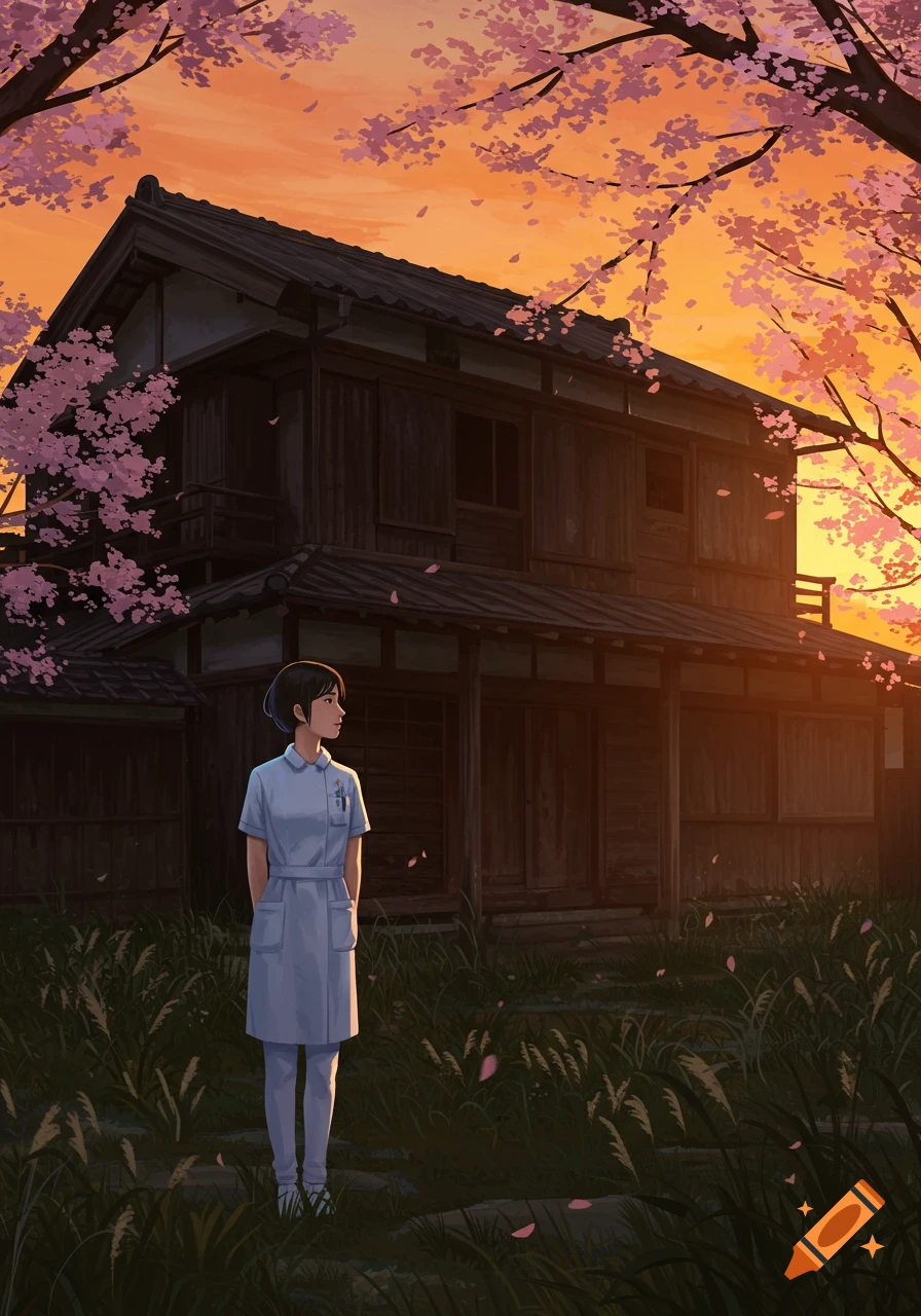 An anime illustration of a lonely Japanese nurse standing in front of a quiet, old wooden house with cherry blossoms at sunset.