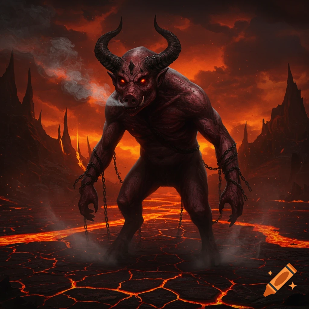 A red-skinned demon with horns and glowing red eyes stands in a volcanic, lava-filled landscape, with chains wrapped around its arms.