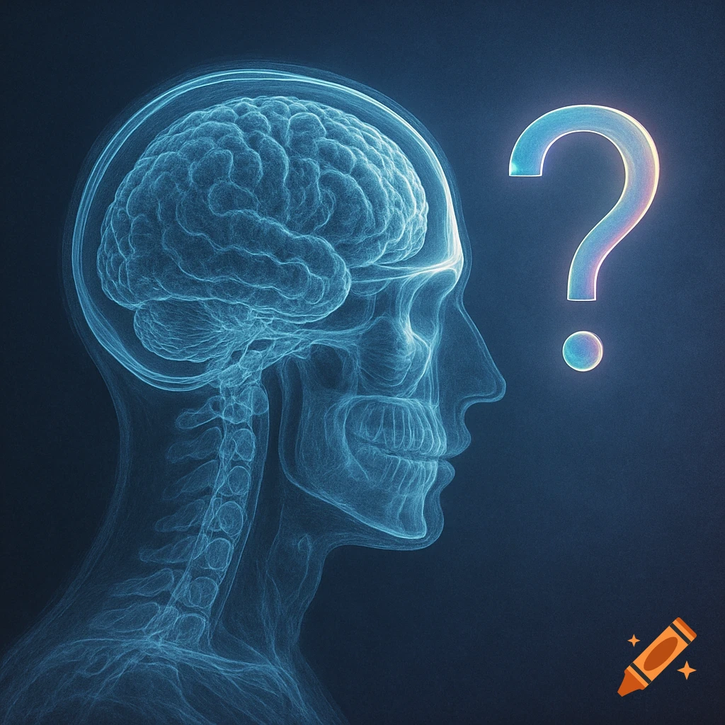 An x-ray style image of a human head in profile showing the brain and skull, with a glowing question mark next to it on a dark background.