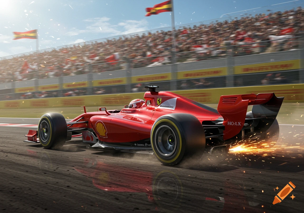 A red Ferrari Formula 1 car races on a wet track, kicking up sparks, with a blurred crowd and Spanish flags in the background under a bright sky.