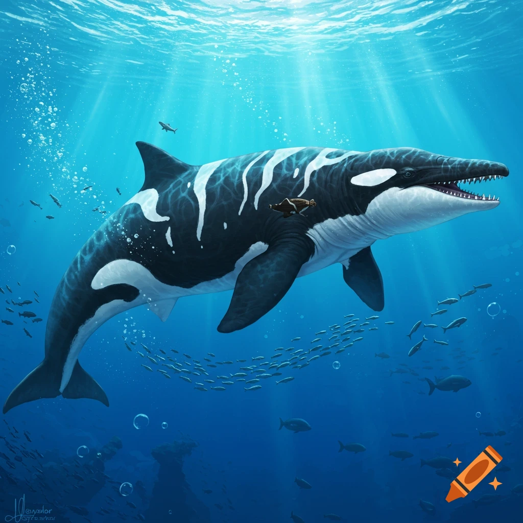 A large, black and white Livyatan melville with orca-like markings swims in a sunlit blue ocean, surrounded by schools of fish.