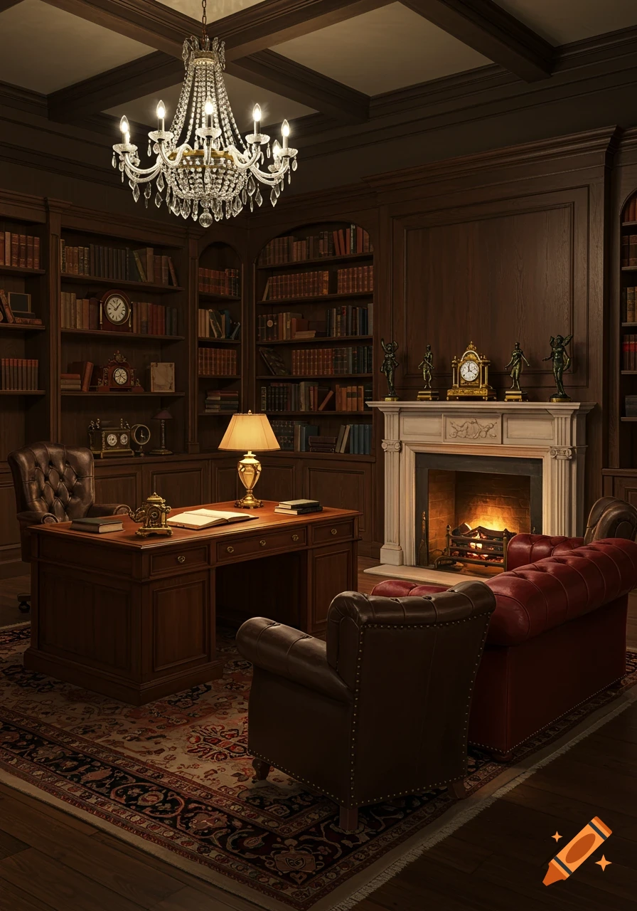A luxurious traditional study with dark wood paneling, built-in bookshelves, a large desk, leather armchairs, a red couch, and a lit fireplace under a crystal chandelier.