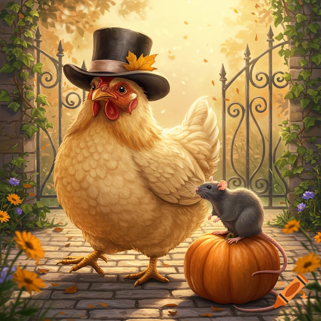 A chicken in a top hat with a rat sitting on a pumpkin on a brick path in an autumnal garden with a gate.