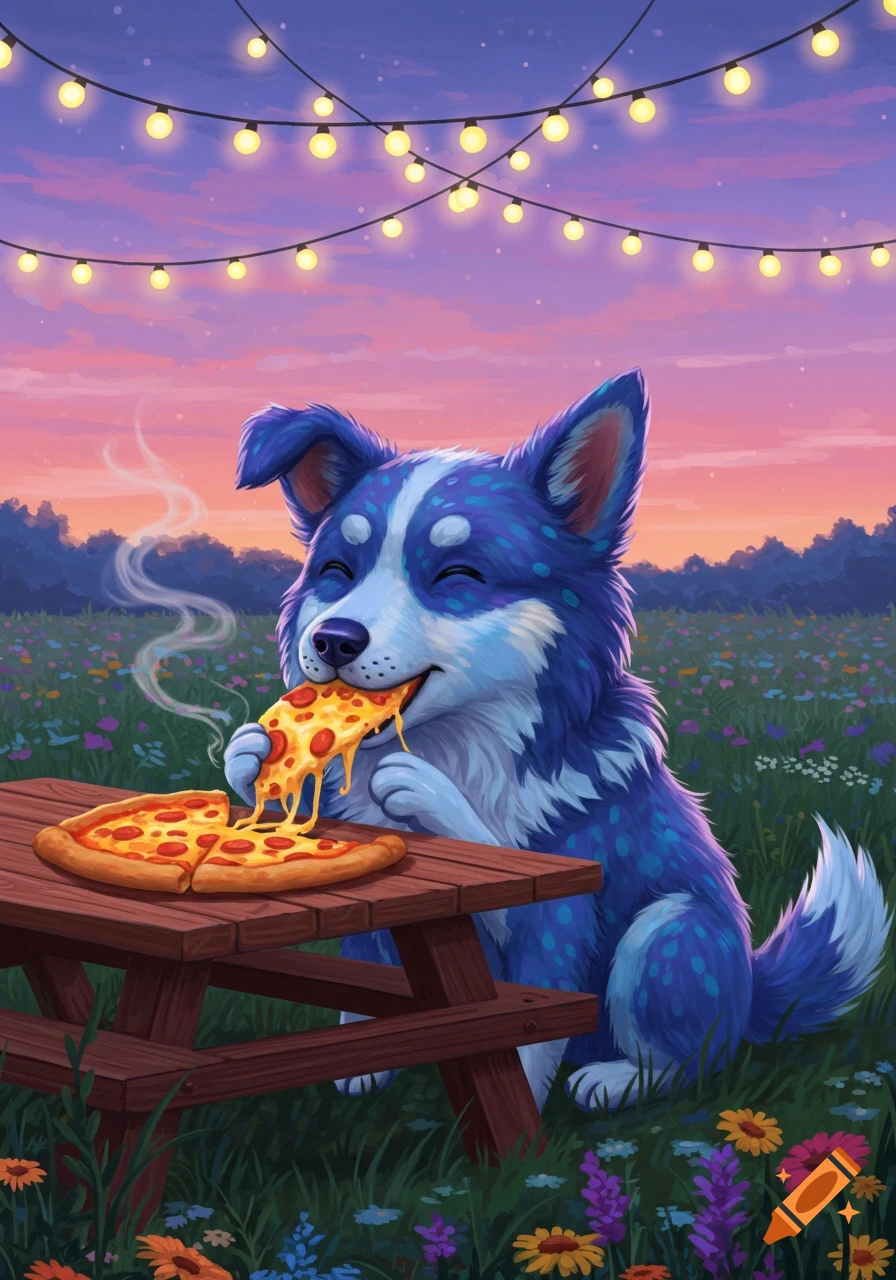 A happy blue dog with white spots eats a slice of pepperoni pizza at a picnic table in a wildflower field under string lights at sunset.