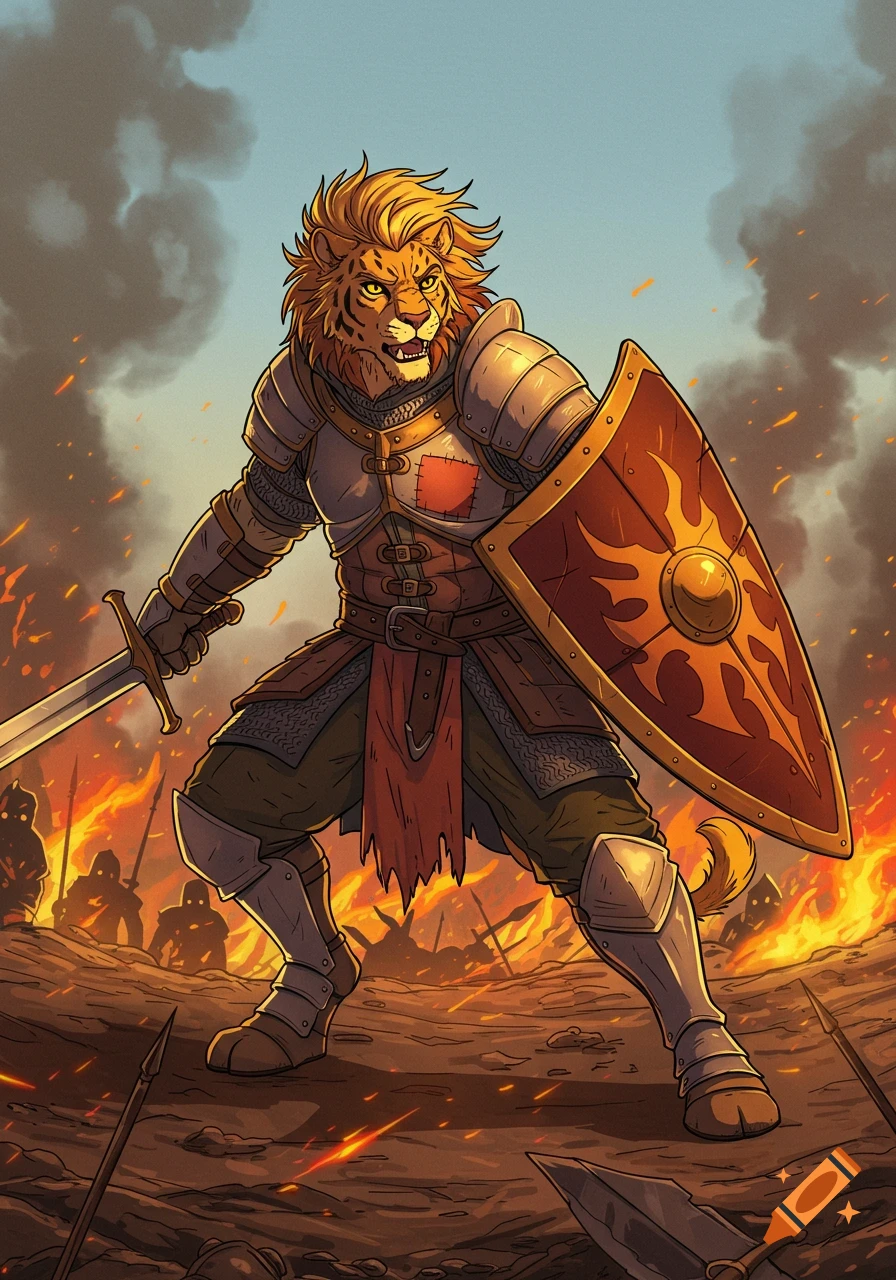 An anthropomorphic lion warrior in armor with a sword and shield stands on a fiery battlefield, cartoon style.