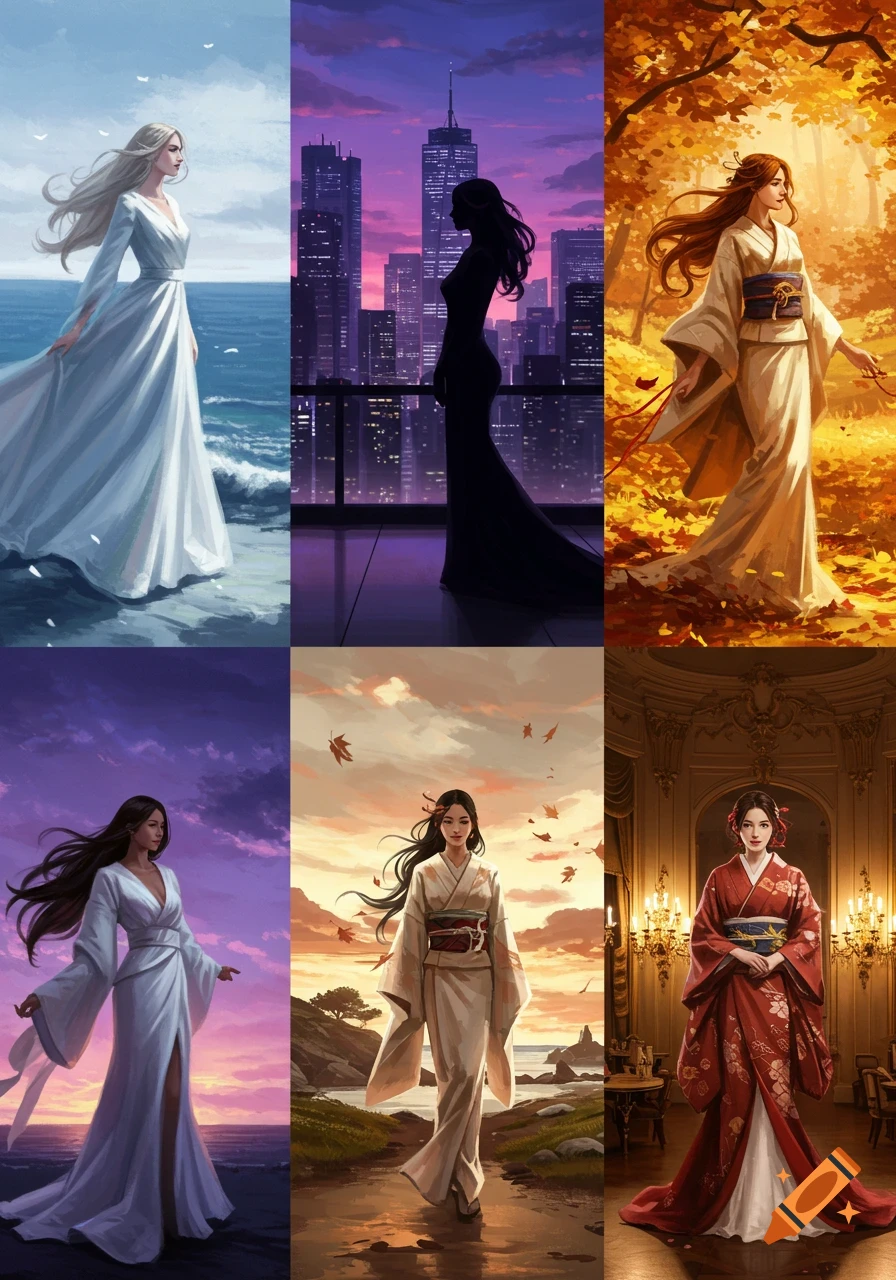 Six digital art panels show women in different outfits and settings: by the ocean, city skyline, autumn forest, and indoors.