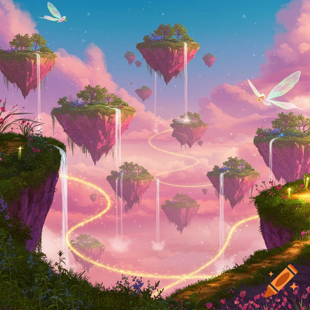 A vibrant fantasy landscape with floating islands and waterfalls, pink and blue skies, golden light paths, and flying fairies.